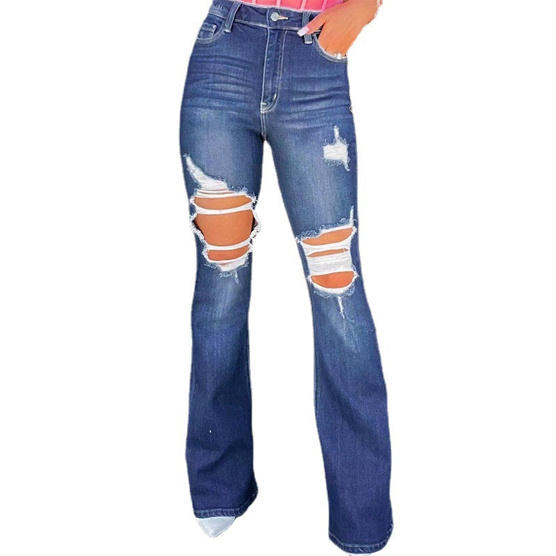 Damen nan Highwaist-Jeans mit ausgestelltem Bein und starkem Distressing an den Knien Drune