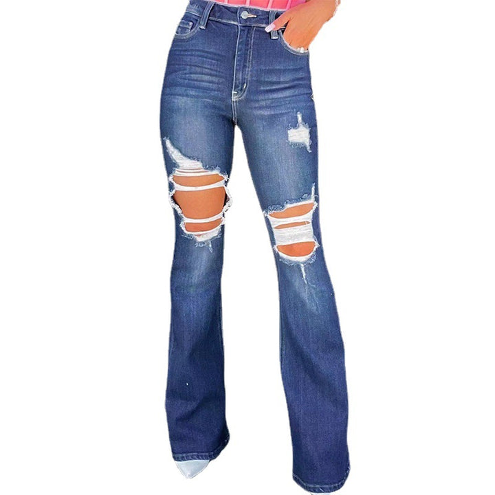 Damen nan Highwaist-Jeans mit ausgestelltem Bein und starkem Distressing an den Knien Drune