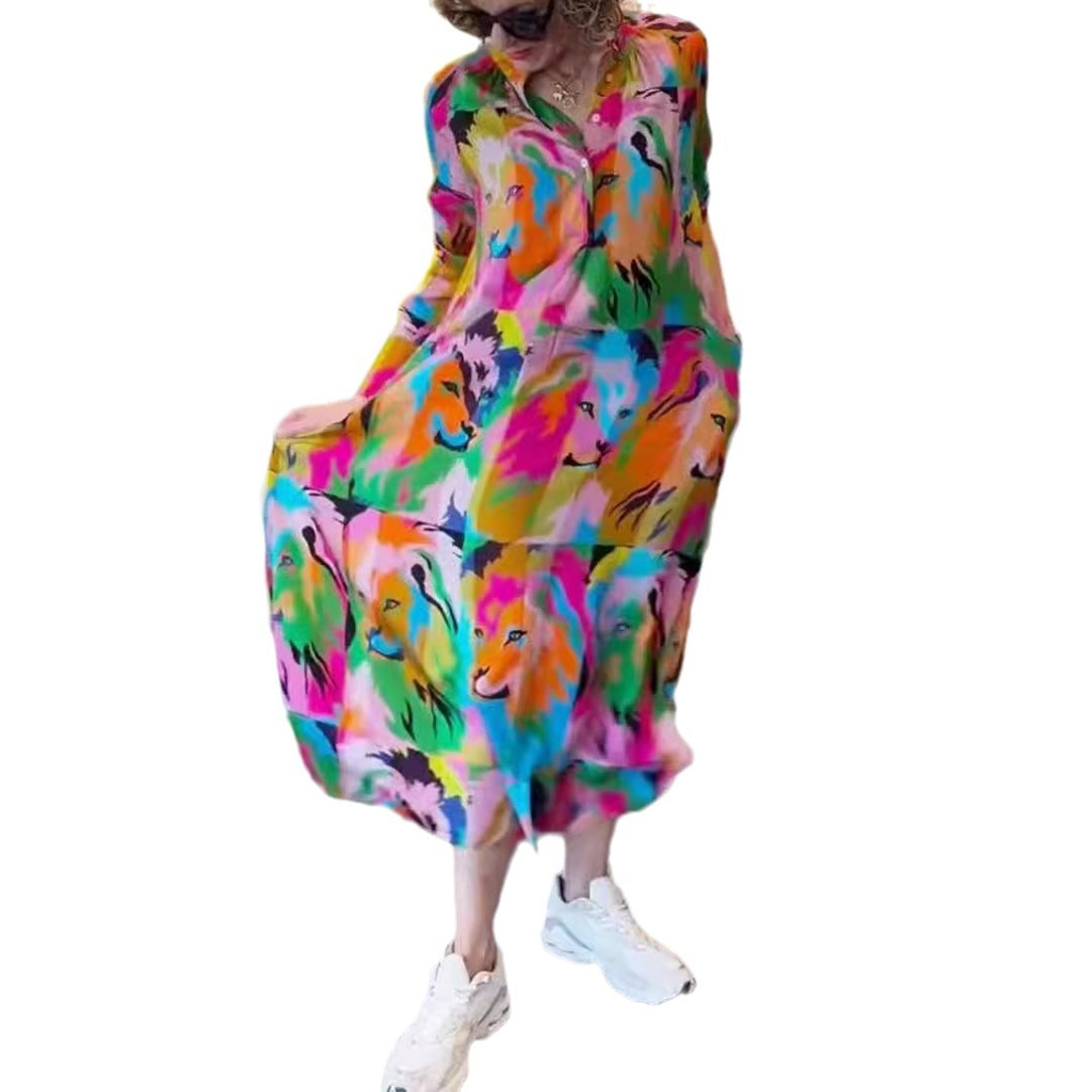 Damen nan Hemdblusen-Maxikleid mit Pop‑Art-Löwenprint, Knopfleiste und Eingrifftaschen Drune