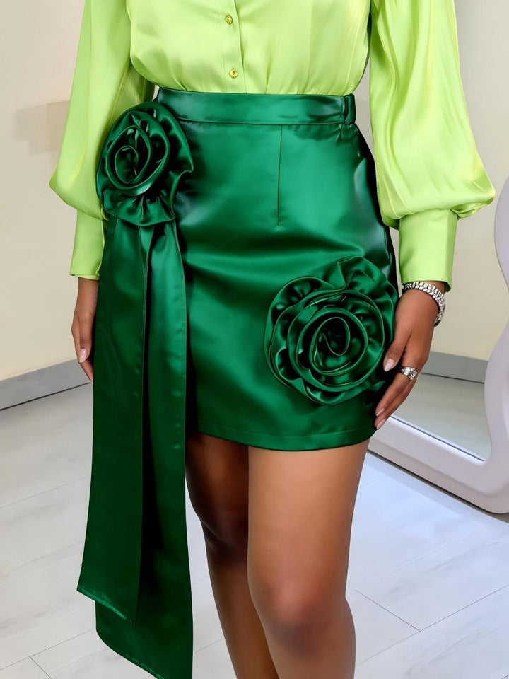 Damen Satinrock mit floralem Rüschen-Design und taillierter Schleife Drune