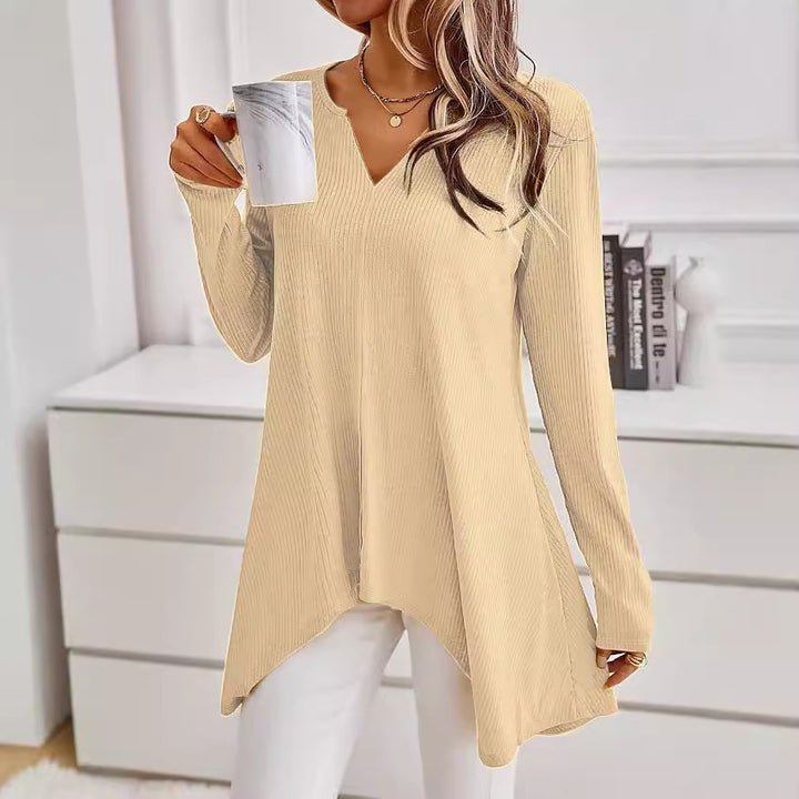 Damen Ripp Longsleeve Tunika mit V-Ausschnitt und asymmetrischem Haifischsaum Drune