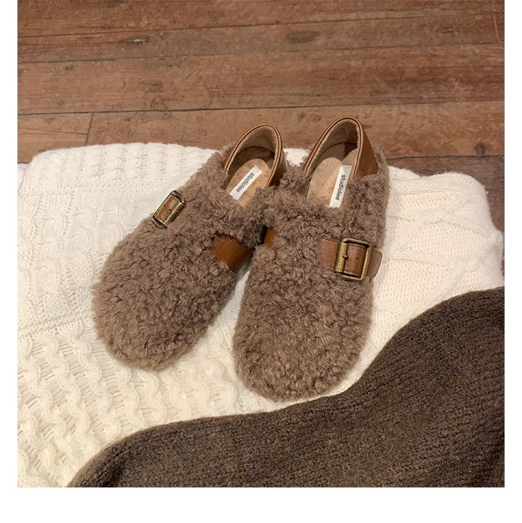 Damen Gefütterte Teddy-Flausch Mules mit verstellbarer Metallschnalle und Fersenriemen Drune