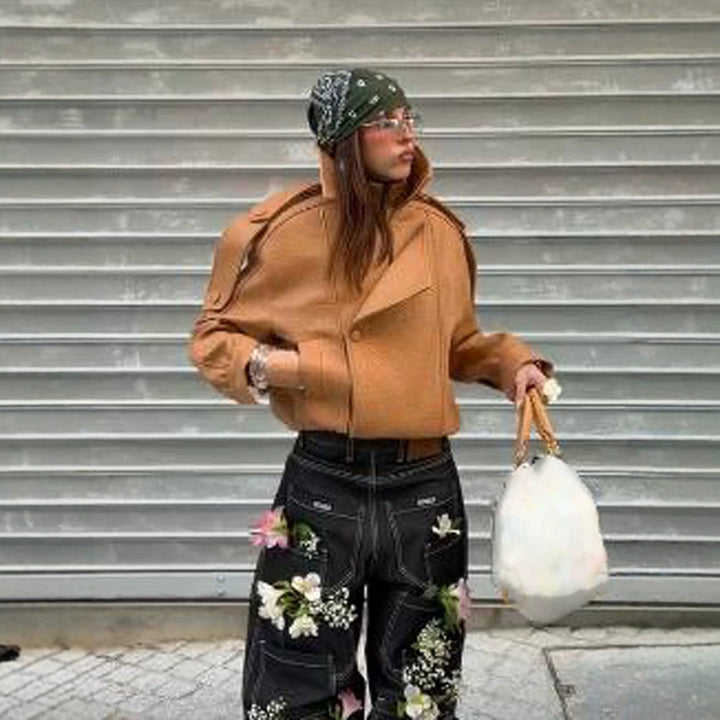 Damen Cropped Oversize-Jacke aus strukturiertem Kunstleder mit hohem Stehkragen Drune