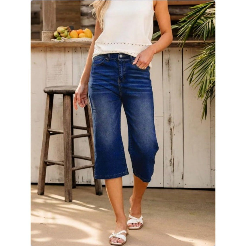 Damen Hochtaillierte Culotte-Jeans mit weitem Bein und Fünf-Taschen-Design Drune