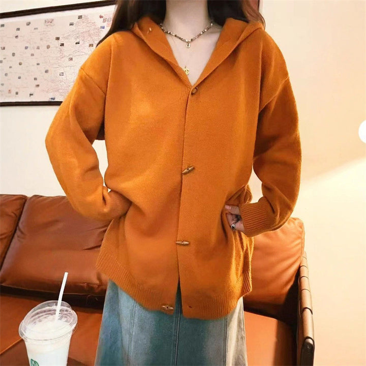Damen stylische Strickjacke mit Kapuze und dekorativen Knöpfen Drune