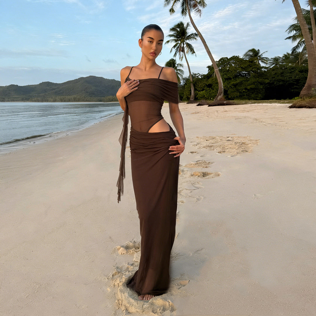 Damen elegantes Abendkleid mit raffinierten Rüschendetails und transparenten Einsätzen Drune