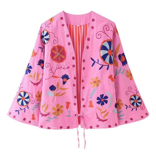 Damen nan leichte bestickte Baumwoll-Kimonojacke im Boho‑Stil mit Bindeband Drune