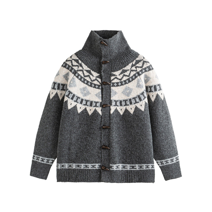 Damen Norwegermuster Strickcardigan mit hohem Stehkragen und Knebelverschlüssen Drune