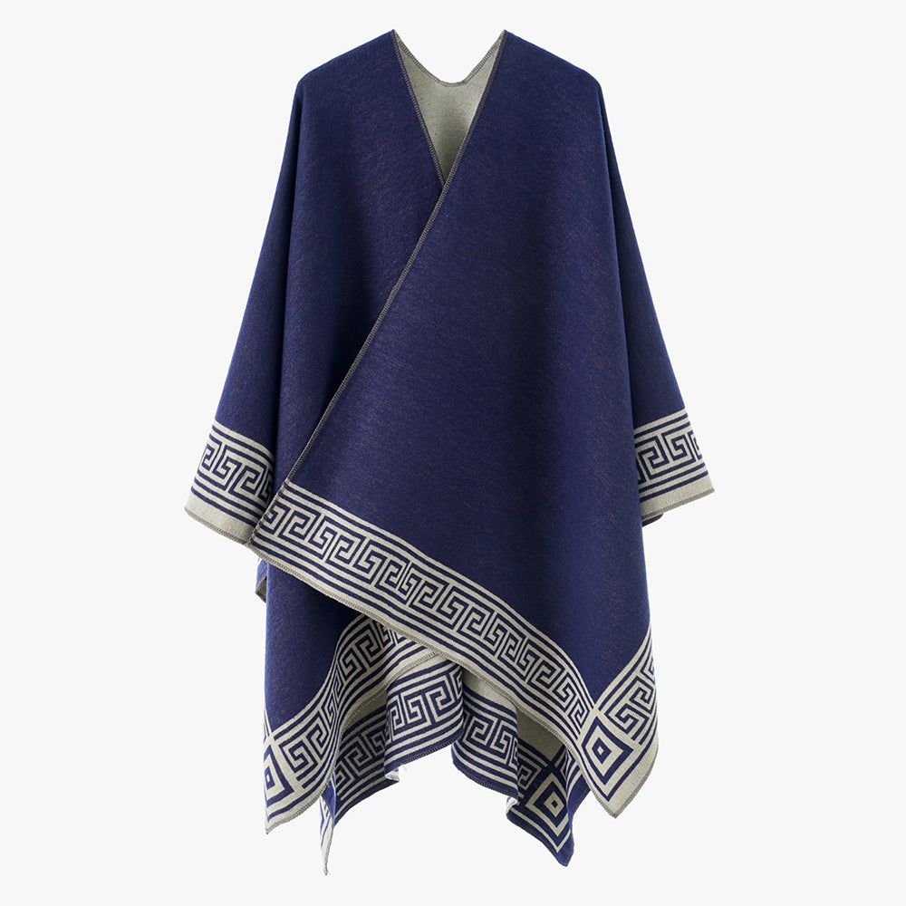 Damen Oversize-Capeponcho im Wickelstil mit Mäanderbordüre und kastiger Silhouette Drune