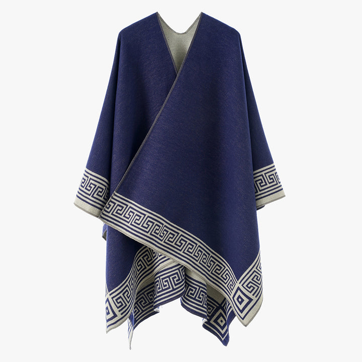 Damen Oversize-Capeponcho im Wickelstil mit Mäanderbordüre und kastiger Silhouette Drune