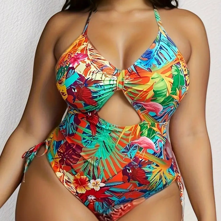 Damen Einteiliger Badeanzug mit exotischem Schnitt und buntem Tropen-Design Drune