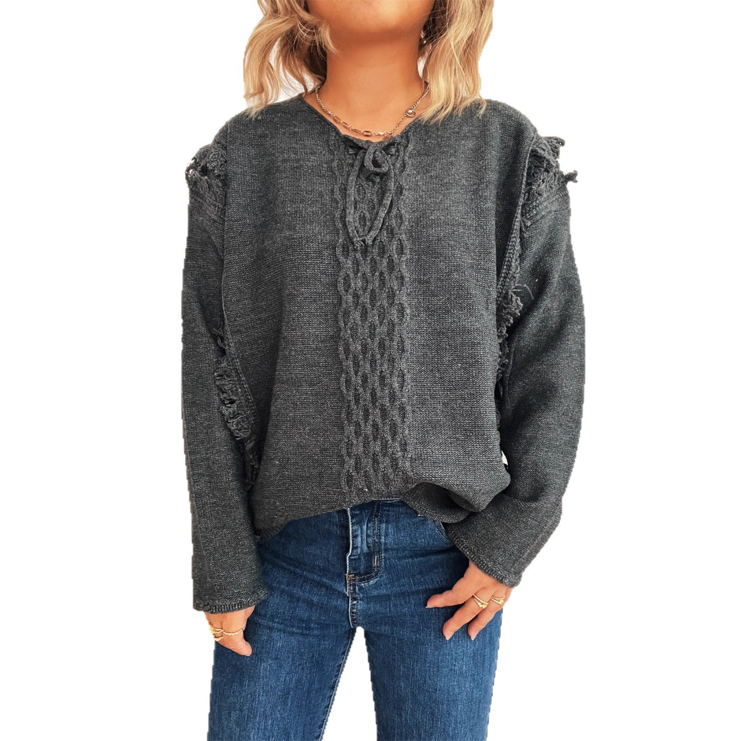 Damen Grobstrickpullover mit lässigen Fransen und dekorativem Zopfdesign Drune