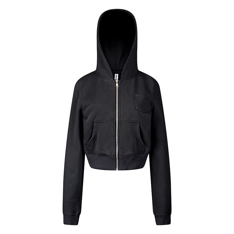 Damen Kurz geschnittene Kapuzen-Sweatjacke mit durchgehendem Reißverschluss im Boxy-Schnitt und Brusttasche Drune