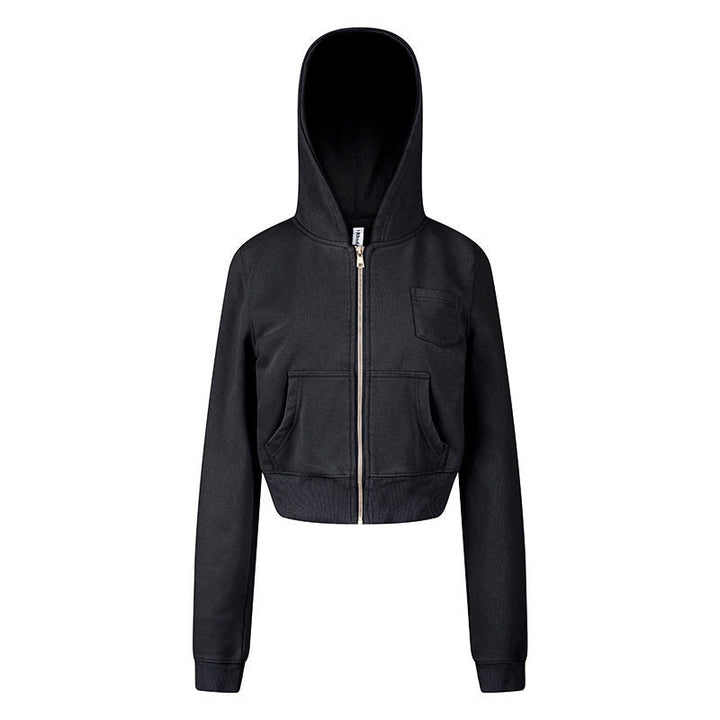 Damen Kurz geschnittene Kapuzen-Sweatjacke mit durchgehendem Reißverschluss im Boxy-Schnitt und Brusttasche Drune