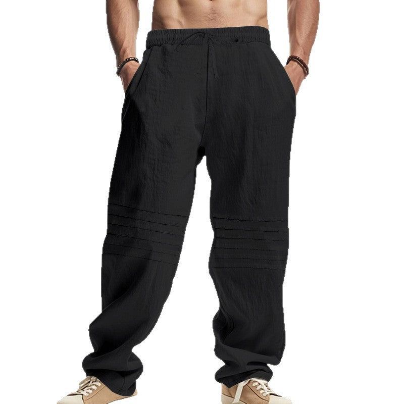 Herren nan lockere Leinen-Loungehose mit elastischem Tunnelzugbund, Seitentaschen und dekorativen Biesen Drune