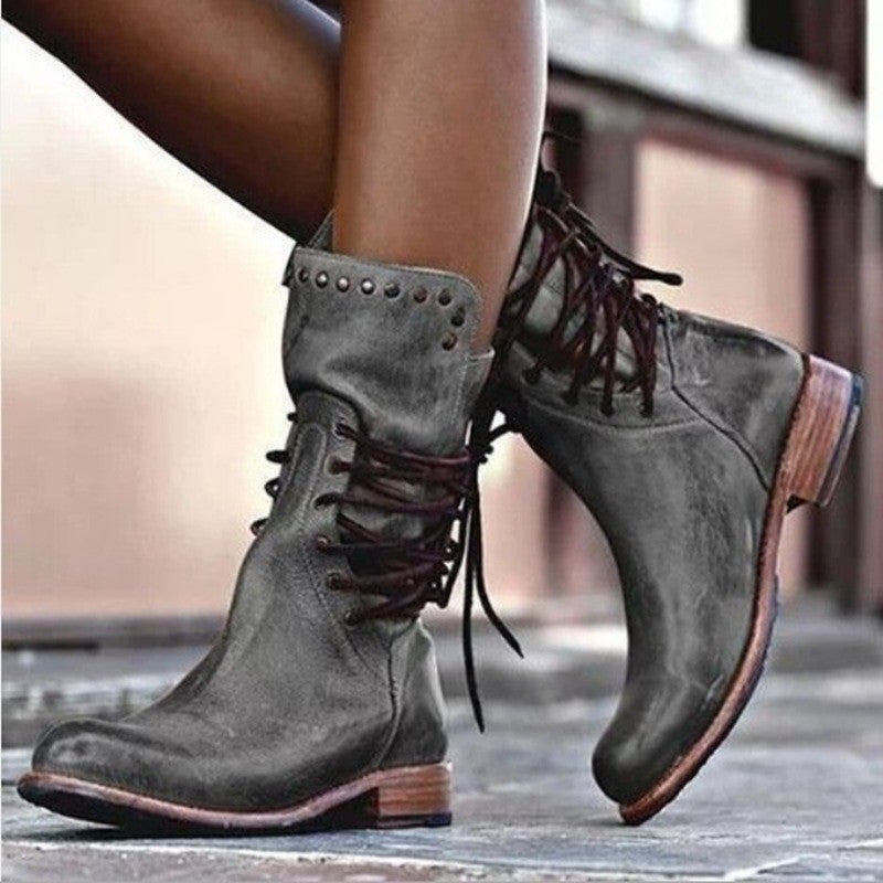 Damen Modische Stiefeletten mit dekorativen Schnür- und Nieten-Details Drune