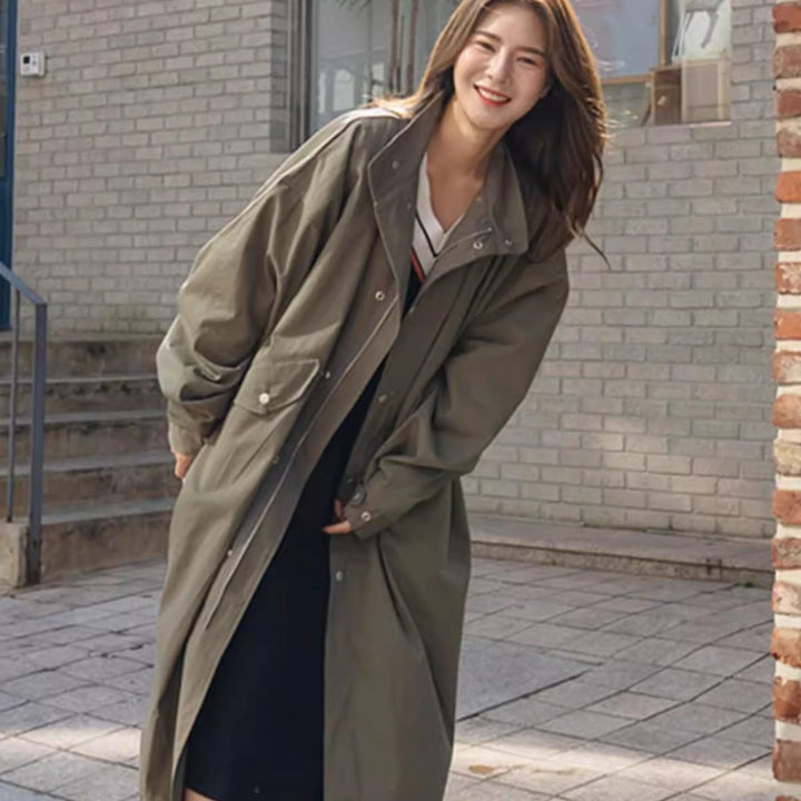 Damen Langer Oversize-Windbreaker im Utility-Look mit Pattentaschen Drune