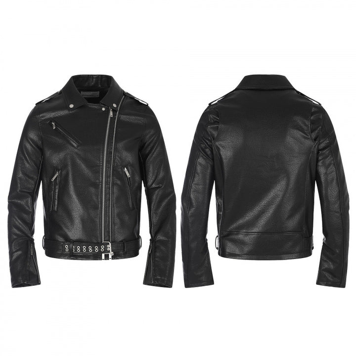 Herren Bikerjacke aus Lederoptik mit asymmetrischem Reißverschluss, Nieten‑Taillengürtel und Reißverschlussärmeln Drune