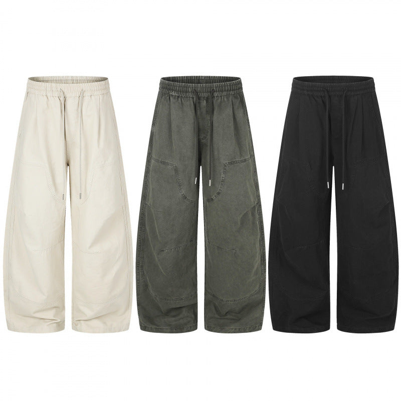 Damen Weite Cropped-Cargo-Hose mit Gummibund, Tunnelzug und aufgesetzten Taschen Drune