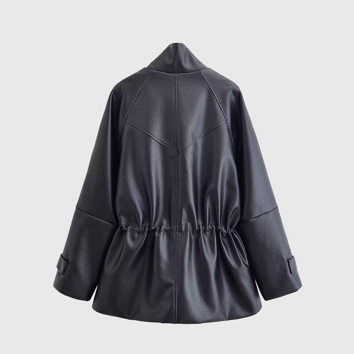 Damen Oversize-Kunstlederjacke mit Stehkragen, Taillen-Tunnelzug und aufgesetzten Taschen Drune