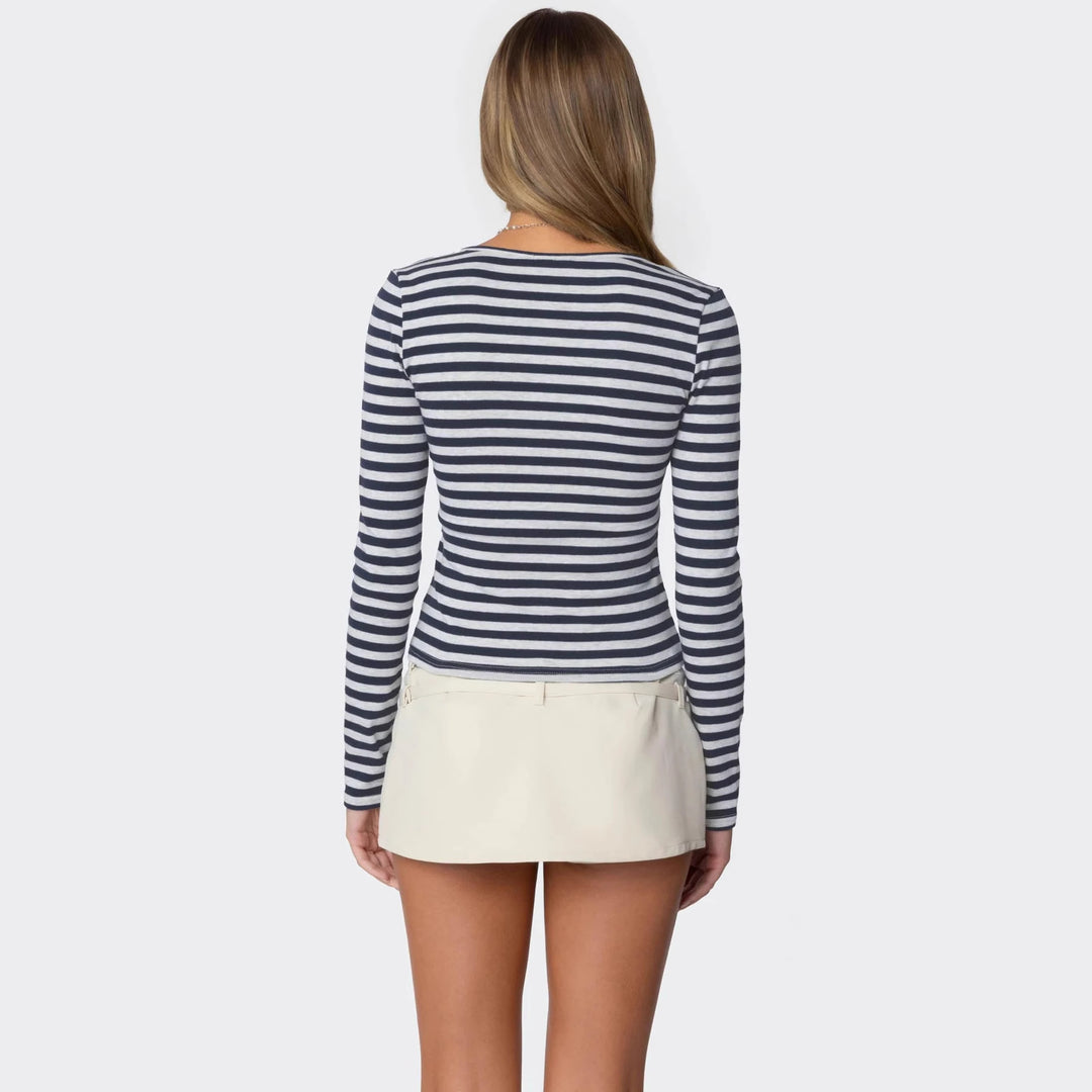 Damen Langarmshirt mit Quadrat-Ausschnitt und maritimem Streifenmuster Drune