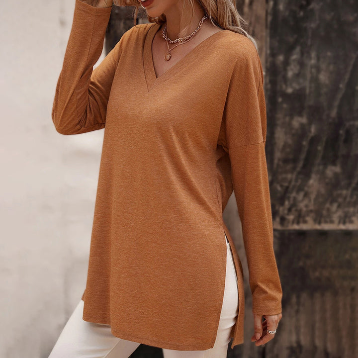 Damen lässige V-Neck Longsleeve-Tunika mit Seitenschlitzen und relaxed Fit Drune