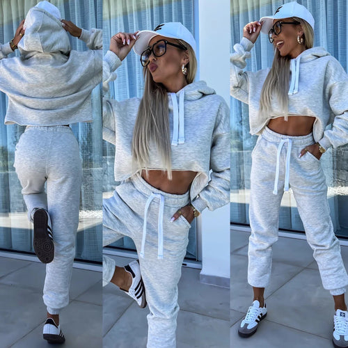 Damen Lässiges und trendiges Jogging-Set mit cropped Hoodie und bequemen Hosen Drune