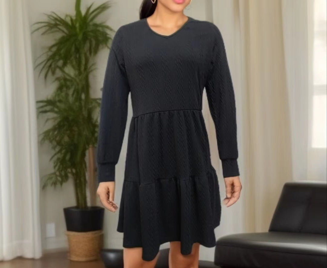 Damen lässiges V-Ausschnitt Kleid mit weitem Saum Drune