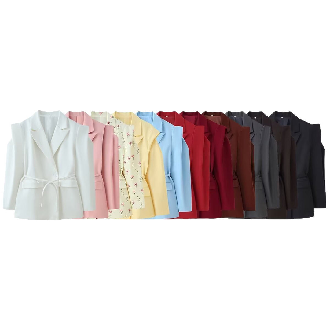 Damen Schulterfreier Blazer mit Taillengürtel und Pattentaschen Drune