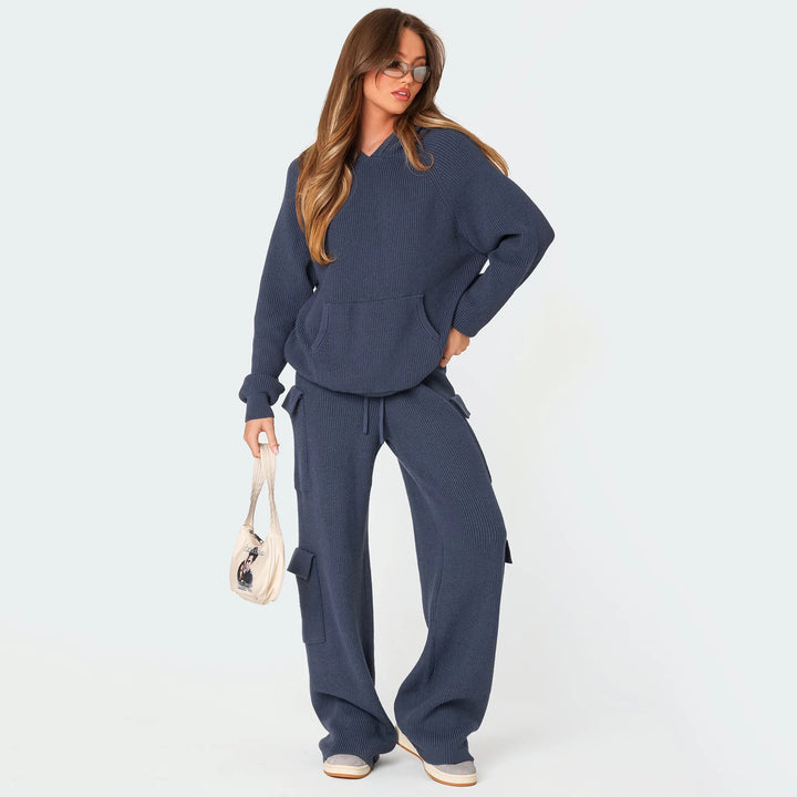 Damen geripptes Strick-Loungewear-Set mit Kapuzenpullover und Cargo-Hose Drune