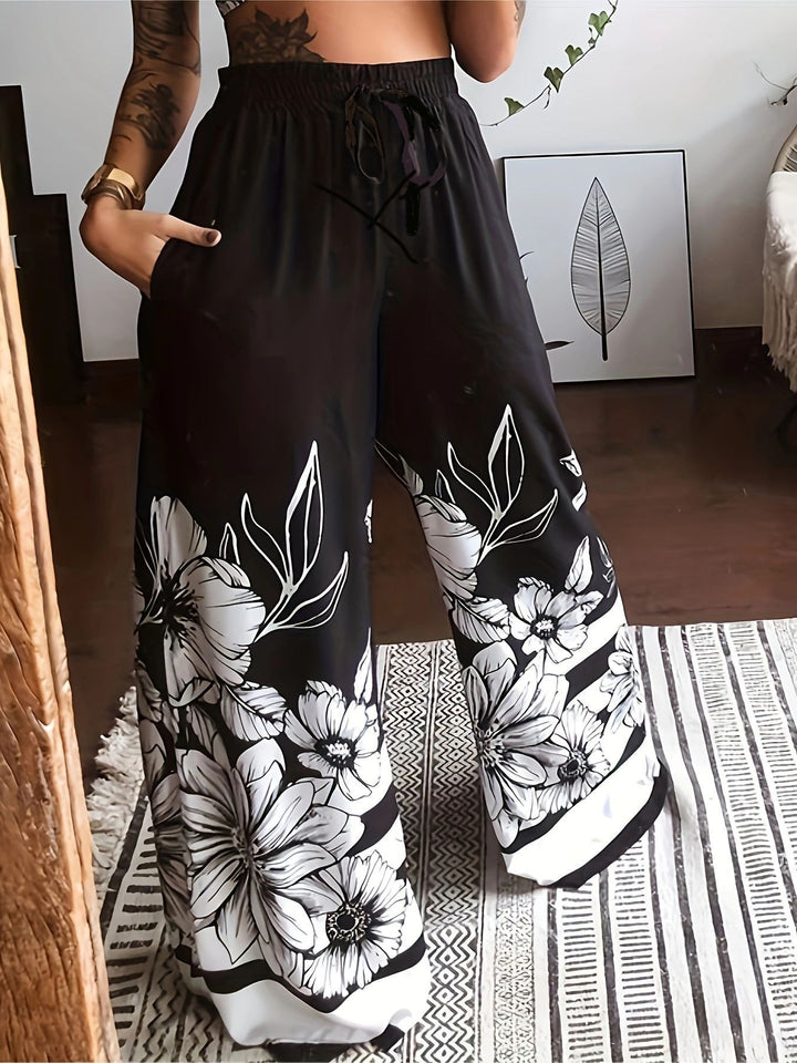 Damen Plissee-Hose mit floralem Muster und elastischem Bund Drune