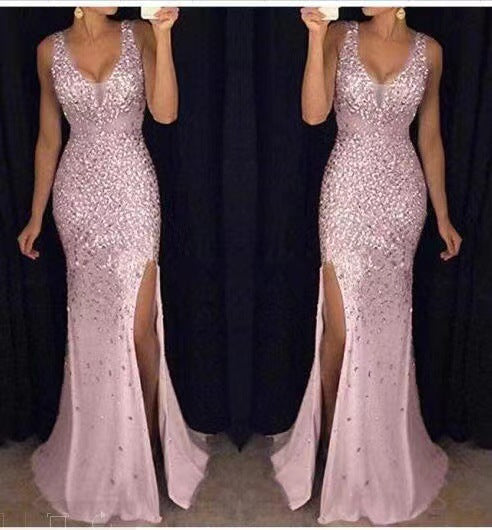 Damen Glamouröses Abendkleid mit glitzernden Pailletten und tiefem Schlitz Drune