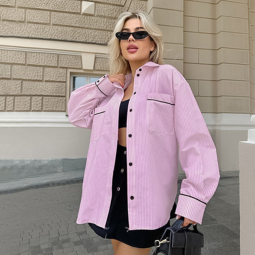 Damen Oversized Hemdjacke mit strukturiertem Design und gestreiften Muster Drune