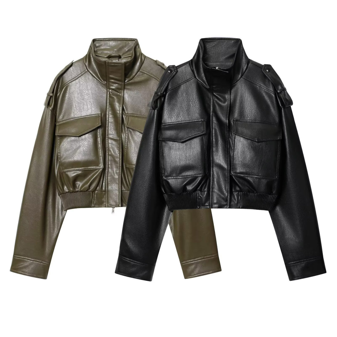 Damen Kurz geschnittene Blousonjacke aus Veganleder mit Schulterklappen und Pattentaschen Drune