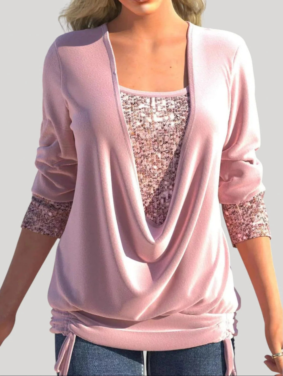 Damen Modischer Drape-Pullover mit Glitzerakzenten