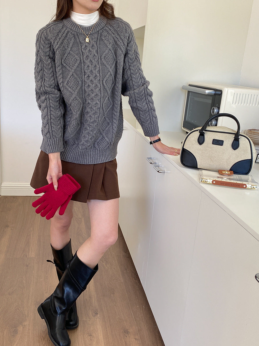 Damen lässiger Grobstrickpullover mit Zopfmuster Drune