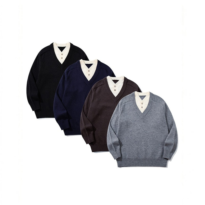 Herren Pullover mit tiefem V-Ausschnitt und eingearbeitetem Henley‑Kragen Drune
