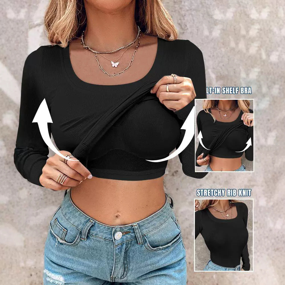 Damen Cropped Rippenstrick Langarmshirt mit integriertem Bustier Drune