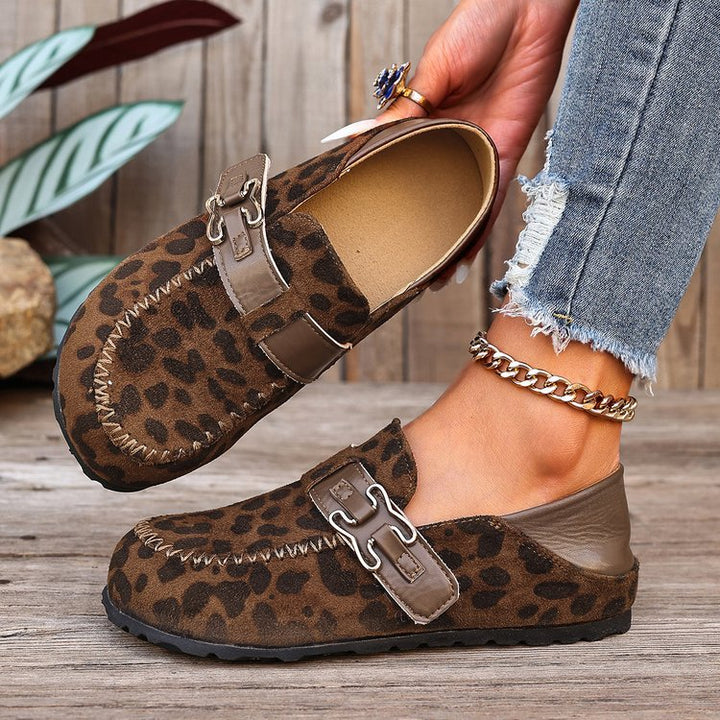 Damen Mokassin-Slipper aus Veloursleder mit dekorativer Metall-Schnalle Drune