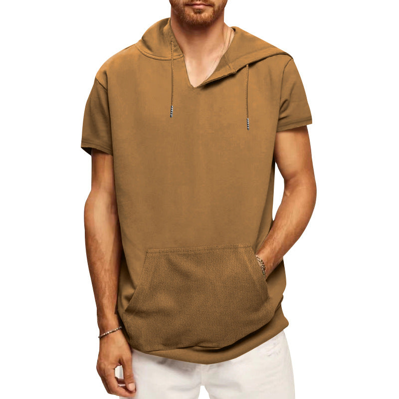 Herren nan lässiges kurzärmeliges Kapuzen-Shirt im weiten Schnitt mit Kängurutasche und Kordelzug Drune