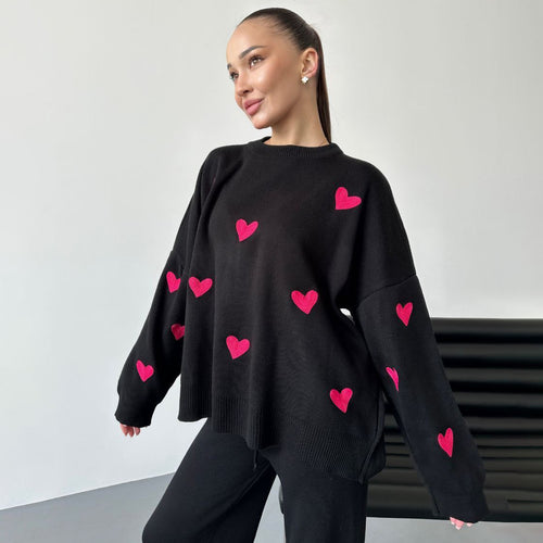 Damen lässiger Strickpullover mit Herzmotiven Drune