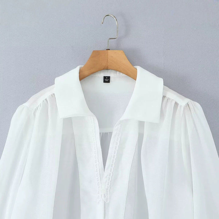 Damen Transparente Chiffon-Bluse mit Volumenärmeln, Spitzenbesatz und breiten Manschetten Drune
