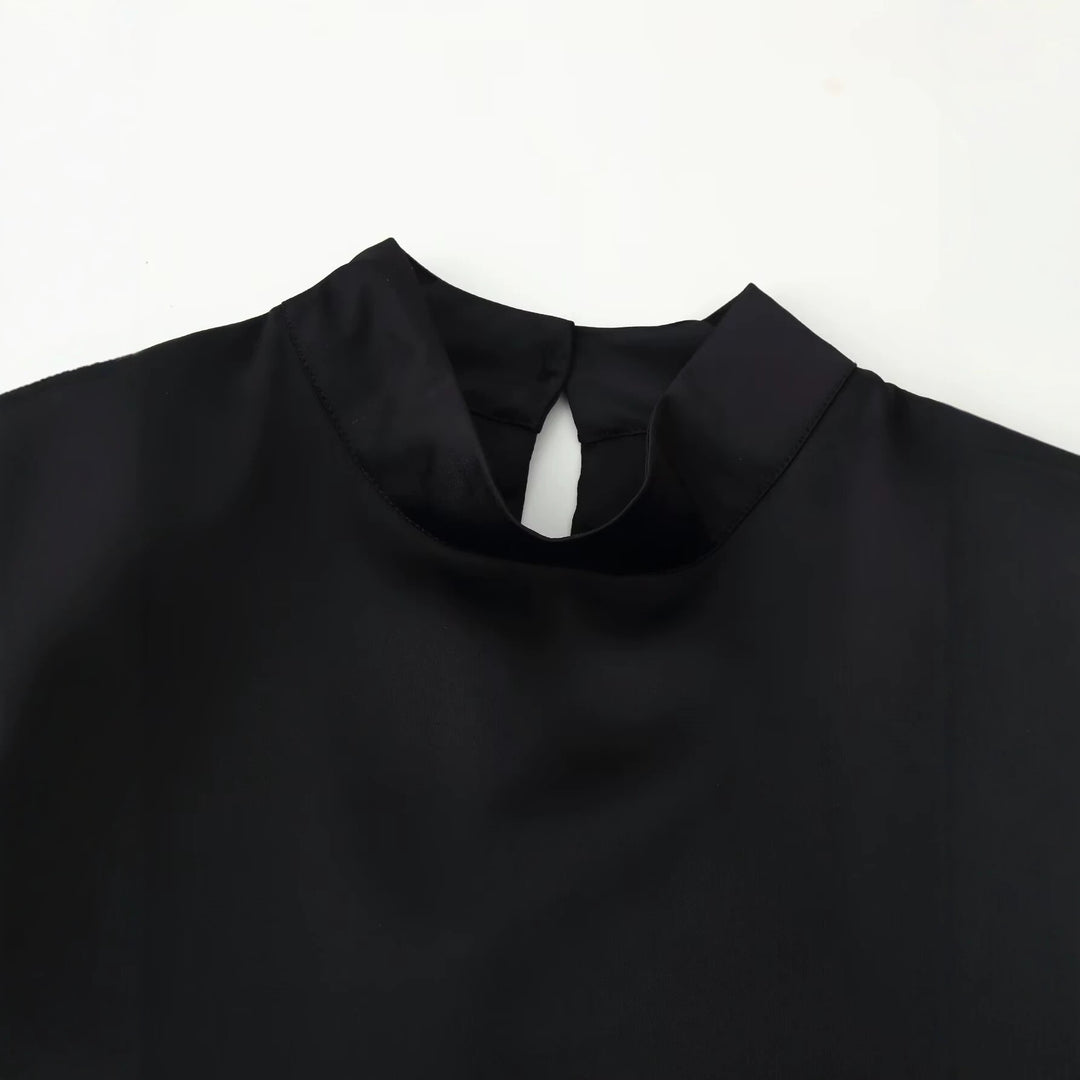 Damen Asymmetrisches Satin-Top mit Spitzenbesatz, Stehkragen und Glockenärmeln Drune