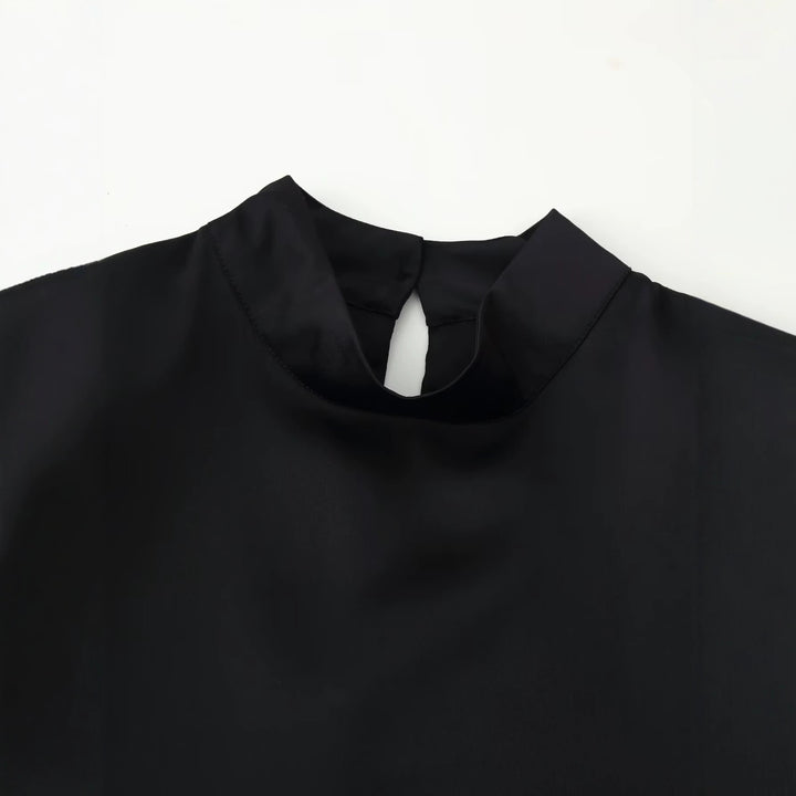 Damen Asymmetrisches Satin-Top mit Spitzenbesatz, Stehkragen und Glockenärmeln Drune