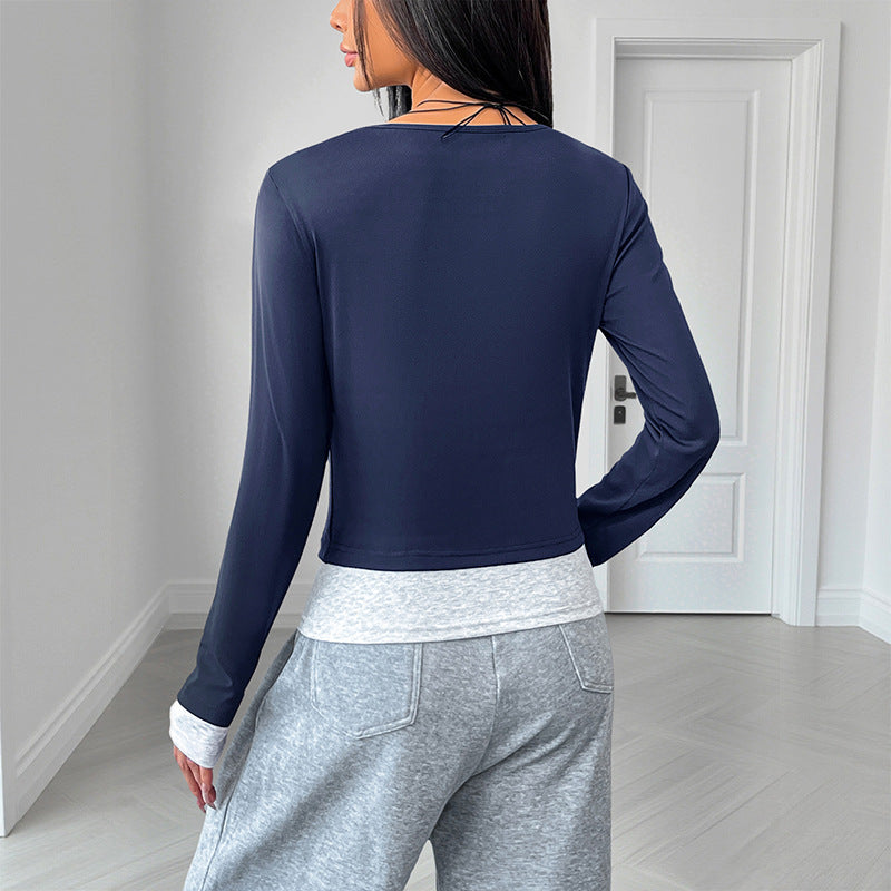 Damen Langärmeliges Crop-Shirt mit Henley-Knopfleiste, Figurbetonter Stretch-Passform und Daumenloch Drune