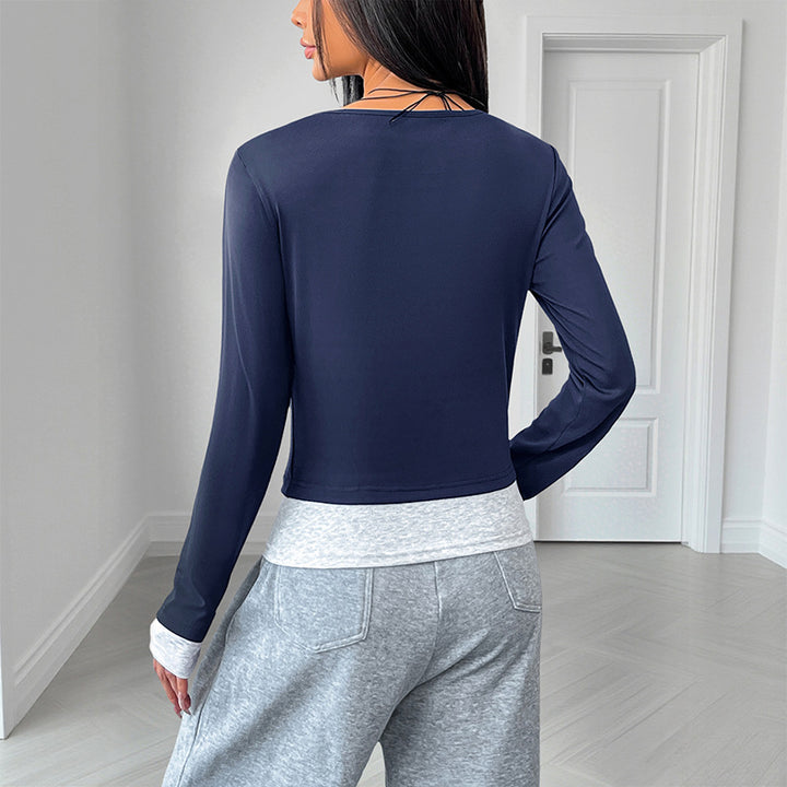 Damen Langärmeliges Crop-Shirt mit Henley-Knopfleiste, Figurbetonter Stretch-Passform und Daumenloch Drune
