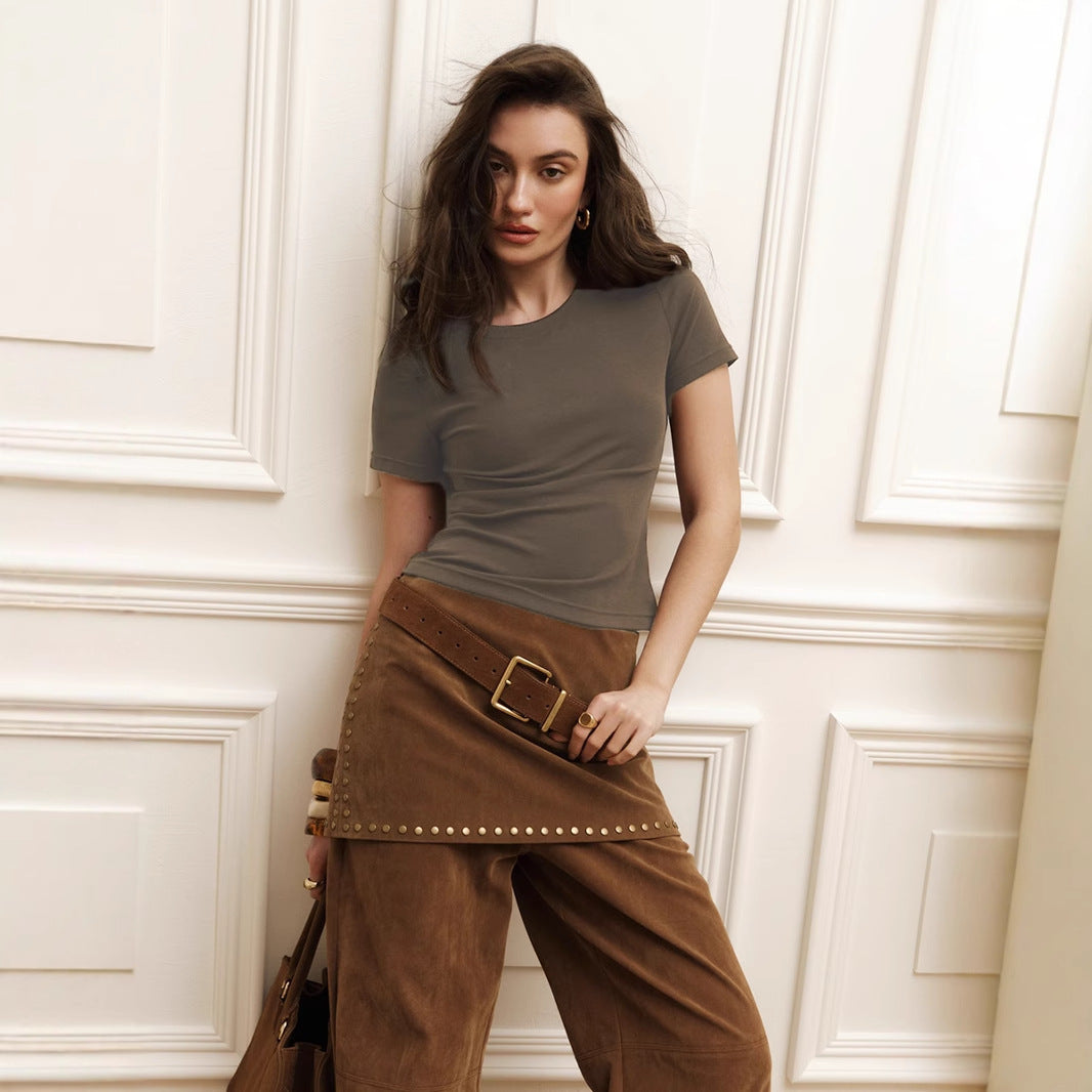 Damen Figurbetontes Basic-T-Shirt mit Rundhalsausschnitt Drune