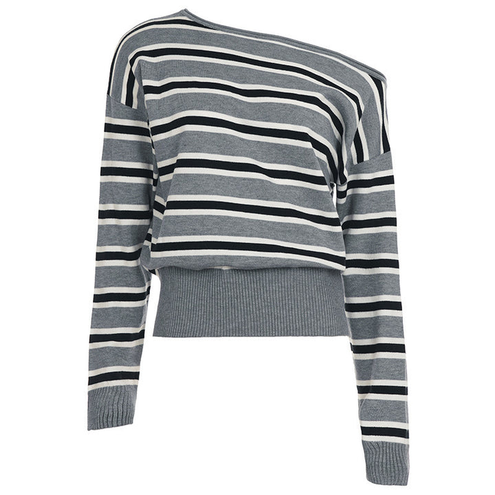 Damen Gestreifter Oversized-Strickpullover mit schulterfreiem Cut und weitem Rippbund Drune