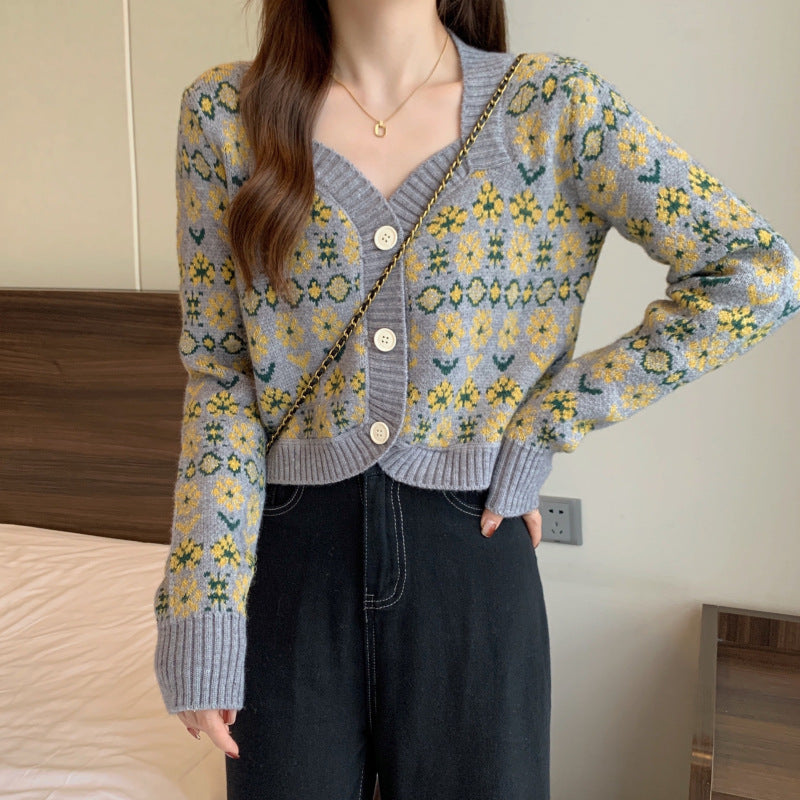 Damen verspielte gestrickte Blütenjacke mit breiten Bündchen Drune