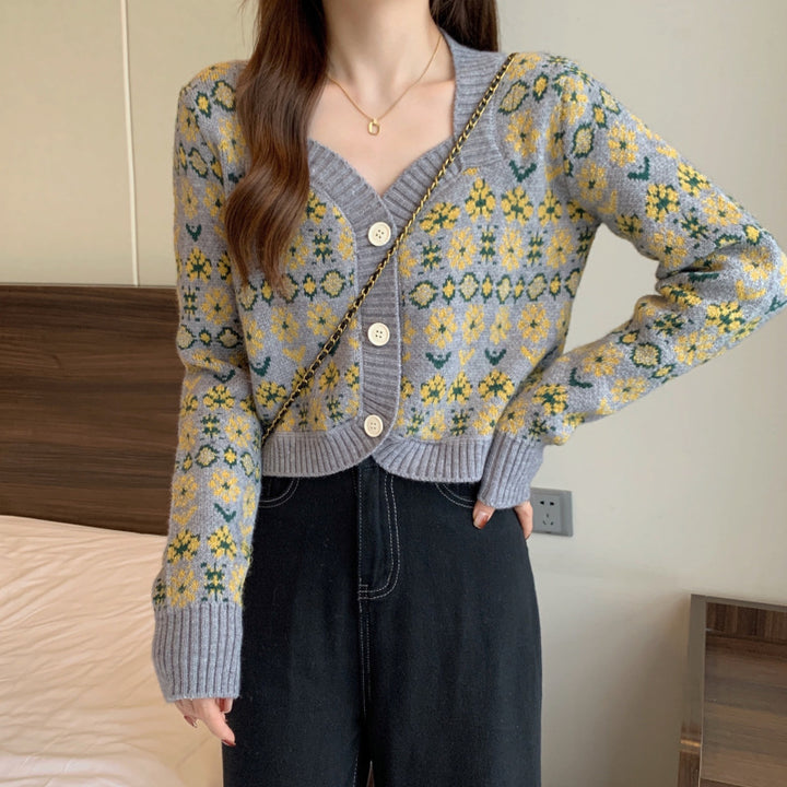 Damen verspielte gestrickte Blütenjacke mit breiten Bündchen Drune